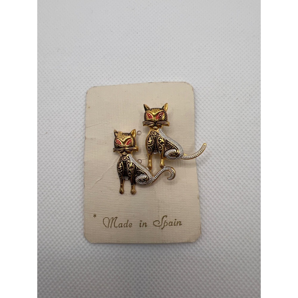 Vintage Spain Double Cat Brooch Pin Damascene Style Red Eyes Original Box